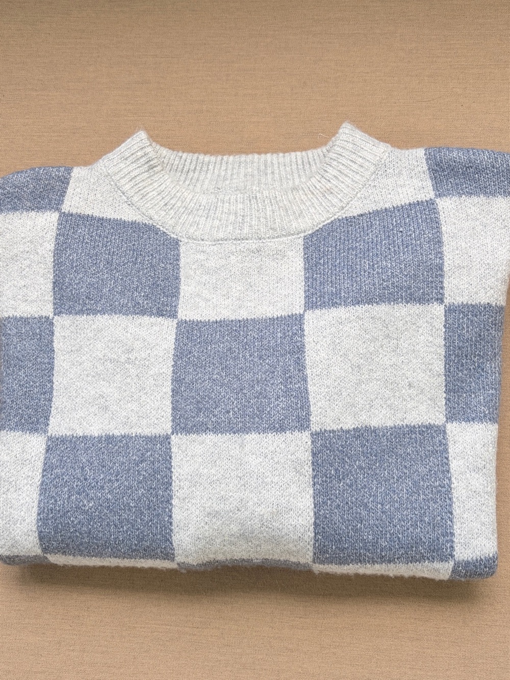 Checkerboard crew neck soft knit sweater